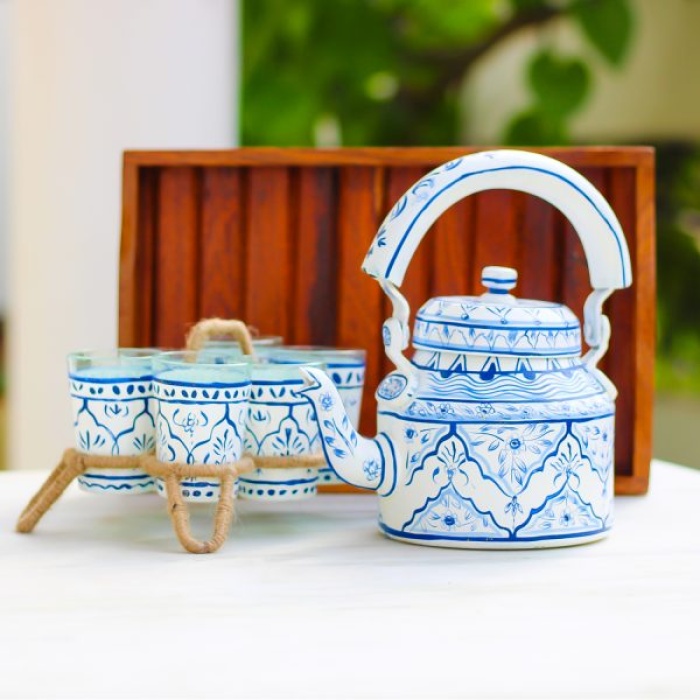 Handcrafted Kettle Set With 6 Glass & 1 Trey | Save 33% - Rajasthan Living 6