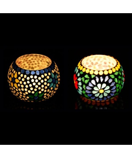 Tealight Stand (Glass) Mosaic Work Glass From iHandikart Handicrafts (Set of 2) Mosaic Finish, IHK-9002 | Save 33% - Rajasthan Living