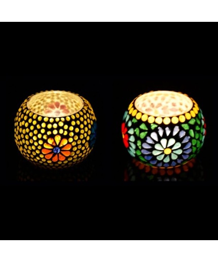 Mosaic Tealight stand of Glass Matericl from iHandikart Handicraft (Pack of 2) Mosaic Finish (IHK9003) Multicolour? | Save 33% - Rajasthan Living