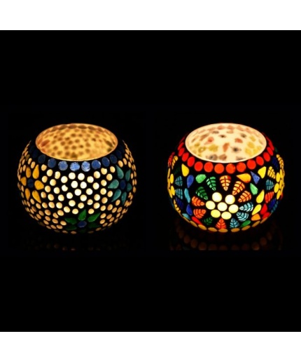 Tealight Stand (Glass) Mosaic Work Glass From iHandikart Handicrafts (Set of 2) Mosaic Finish, IHK-9004 | Save 33% - Rajasthan Living