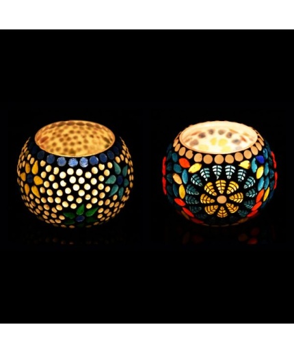 Mosaic Tealight stand of Glass Matericl from iHandikart Handicraft (Pack of 2) Mosaic Finish (IHK9005) Multicolour? | Save 33% - Rajasthan Living