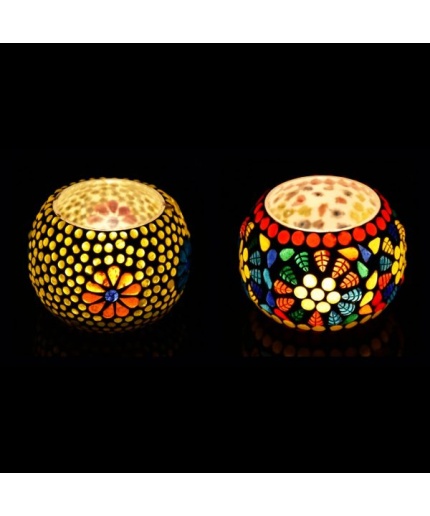 Tealight Stand (Glass) Mosaic Work Glass From iHandikart Handicrafts (Set of 2) Mosaic Finish, IHK-9006 | Save 33% - Rajasthan Living