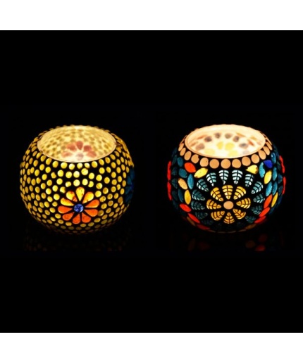 Mosaic Tealight stand of Glass Matericl from iHandikart Handicraft (Pack of 2) Mosaic Finish (IHK9007) Multicolour? | Save 33% - Rajasthan Living