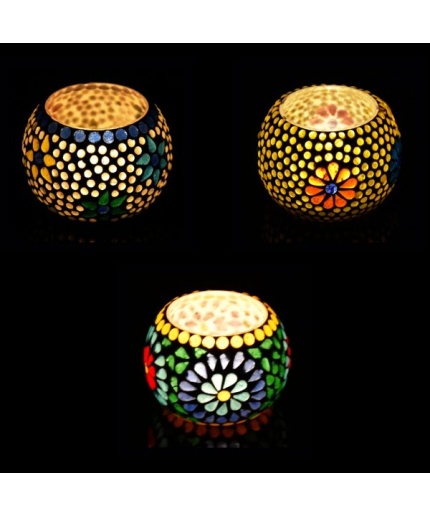 Mosaic Tealight stand of Glass Matericl from iHandikart Handicraft (Pack of 3) Mosaic Finish (IHK9009) Multicolour? | Save 33% - Rajasthan Living