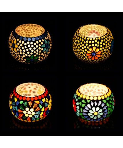 Tealight Stand (Glass) Mosaic Work Glass From iHandikart Handicrafts (Set of 4) Mosaic Finish, IHK-9010 | Save 33% - Rajasthan Living