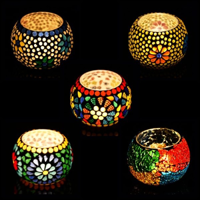 Mosaic Tealight stand of Glass Matericl from iHandikart Handicraft (Pack of 5) Mosaic Finish,Crackle Finish (IHK9011) Multicolour? | Save 33% - Rajasthan Living 5