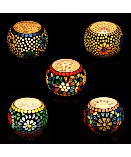 Mosaic Tealight stand of Glass Matericl from iHandikart Handicraft (Pack of 5) Mosaic Finish (IHK9013) Multicolour? | Save 33% - Rajasthan Living