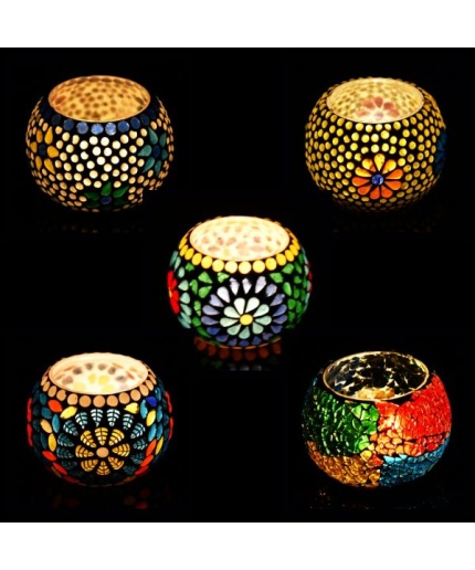 Tealight Stand (Glass) Mosaic Work Glass From iHandikart Handicrafts (Set of 5) Mosaic Finish, IHK-9014 | Save 33% - Rajasthan Living