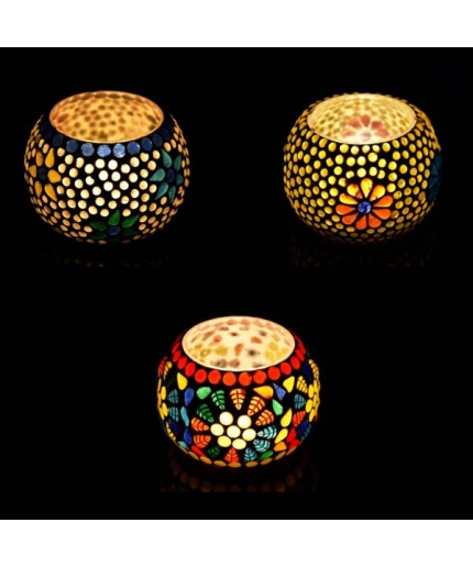 Mosaic Tealight stand of Glass Matericl from iHandikart Handicraft (Pack of 3) Mosaic Finish (IHK9015) Multicolour? | Save 33% - Rajasthan Living