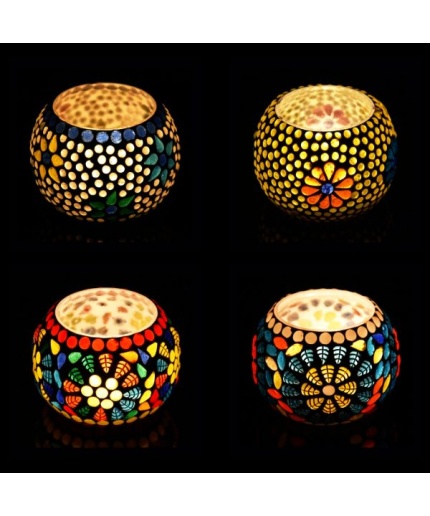 Tealight Stand (Glass) Mosaic Work Glass From iHandikart Handicrafts (Set of 4) Mosaic Finish, IHK-9016 | Save 33% - Rajasthan Living