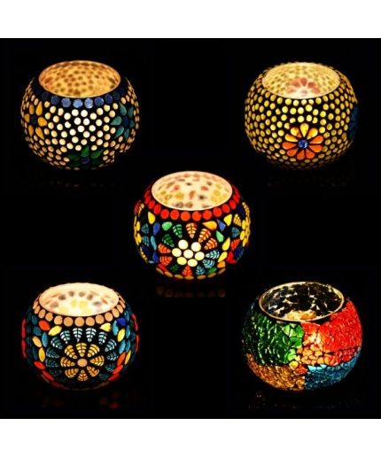 Mosaic Tealight stand of Glass Matericl from iHandikart Handicraft (Pack of 5) Mosaic Finish,Crackle Finish (IHK9017) Multicolour? | Save 33% - Rajasthan Living