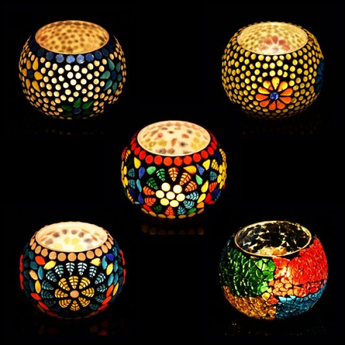 Mosaic Tealight stand of Glass Matericl from iHandikart Handicraft (Pack of 5) Mosaic Finish,Crackle Finish (IHK9017) Multicolour? | Save 33% - Rajasthan Living 5