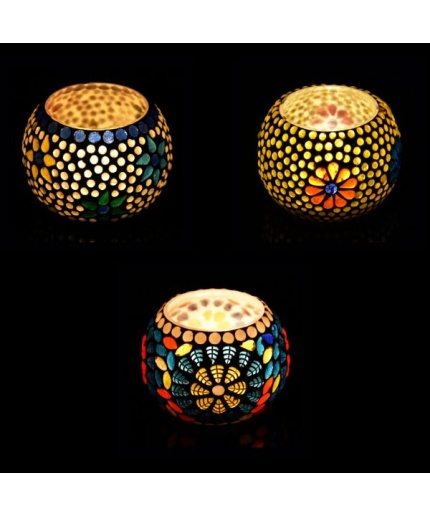 Tealight Stand (Glass) Mosaic Work Glass From iHandikart Handicrafts (Set of 3) Mosaic Finish, IHK-9018 | Save 33% - Rajasthan Living