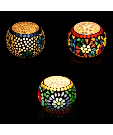 Mosaic Tealight stand of Glass Matericl from iHandikart Handicraft (Pack of 3) Mosaic Finish (IHK9019) Multicolour? | Save 33% - Rajasthan Living