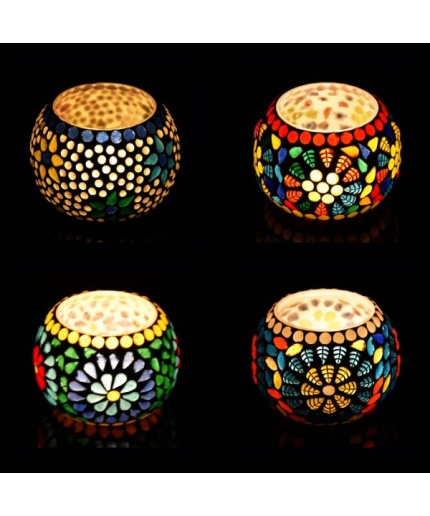 Tealight Stand (Glass) Mosaic Work Glass From iHandikart Handicrafts (Set of 4) Mosaic Finish, IHK-9020 | Save 33% - Rajasthan Living