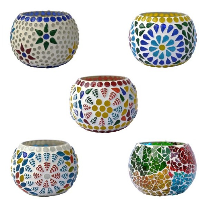 Mosaic Tealight stand of Glass Matericl from iHandikart Handicraft (Pack of 5) Mosaic Finish,Crackle Finish (IHK9021) Multicolour? | Save 33% - Rajasthan Living 6