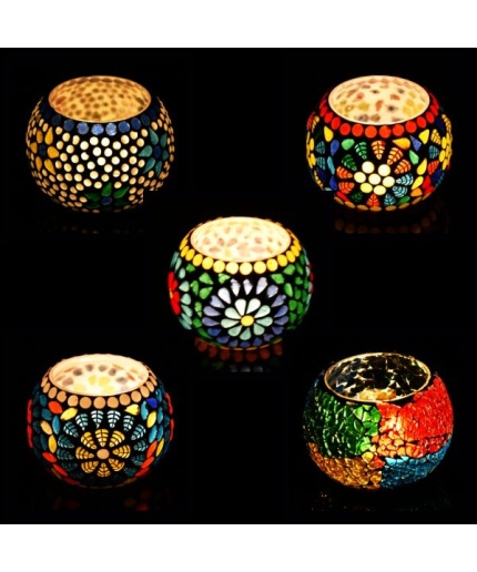 Mosaic Tealight stand of Glass Matericl from iHandikart Handicraft (Pack of 5) Mosaic Finish,Crackle Finish (IHK9021) Multicolour? | Save 33% - Rajasthan Living