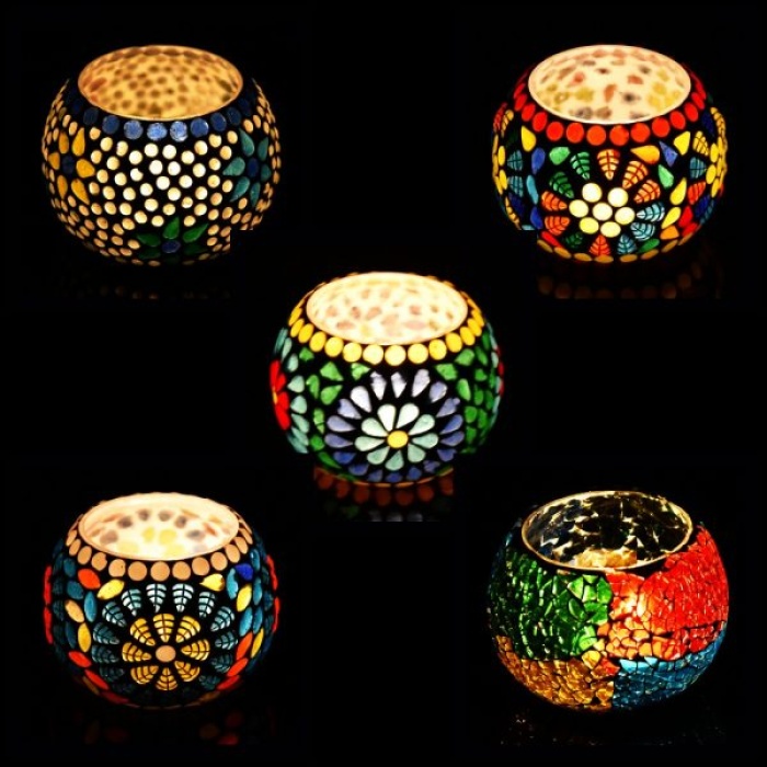 Mosaic Tealight stand of Glass Matericl from iHandikart Handicraft (Pack of 5) Mosaic Finish,Crackle Finish (IHK9021) Multicolour? | Save 33% - Rajasthan Living 5