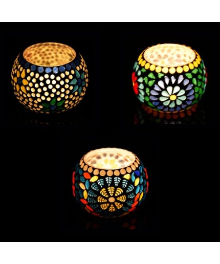 Tealight Stand (Glass) Mosaic Work Glass From iHandikart Handicrafts (Set of 3) Mosaic Finish, IHK-9022 | Save 33% - Rajasthan Living