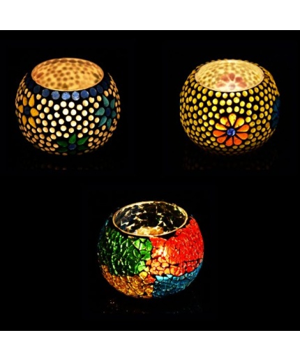 Mosaic Tealight stand of Glass Matericl from iHandikart Handicraft (Pack of 3) Mosaic Finish,Crackle Finish (IHK9023) Multicolour? | Save 33% - Rajasthan Living