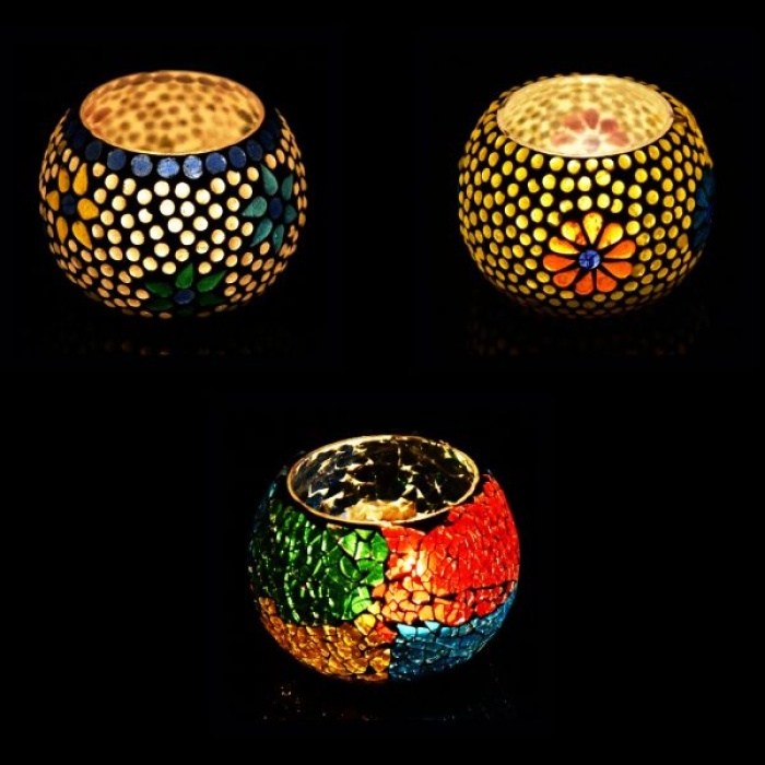 Mosaic Tealight stand of Glass Matericl from iHandikart Handicraft (Pack of 3) Mosaic Finish,Crackle Finish (IHK9023) Multicolour? | Save 33% - Rajasthan Living 5