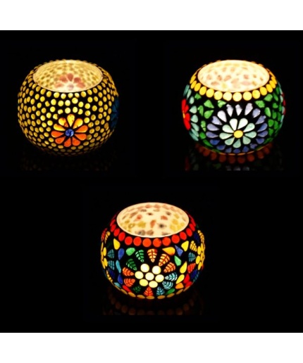 Tealight Stand (Glass) Mosaic Work Glass From iHandikart Handicrafts (Set of 3) Mosaic Finish, IHK-9026 | Save 33% - Rajasthan Living