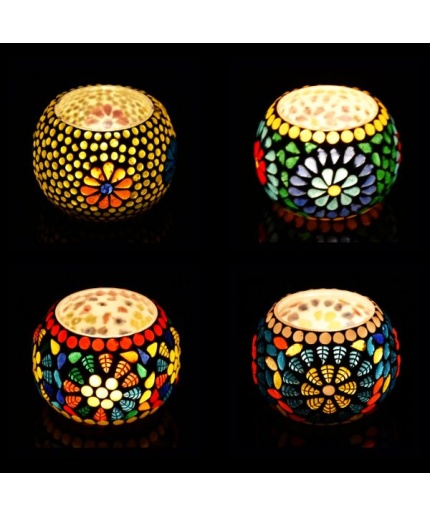 Mosaic Tealight stand of Glass Matericl from iHandikart Handicraft (Pack of 4) Mosaic Finish (IHK9027) Multicolour? | Save 33% - Rajasthan Living