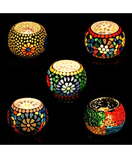 Tealight Stand (Glass) Mosaic Work Glass From iHandikart Handicrafts (Set of 5) Mosaic Finish, IHK-9028 | Save 33% - Rajasthan Living