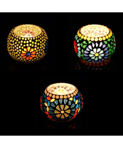 Mosaic Tealight stand of Glass Matericl from iHandikart Handicraft (Pack of 3) Mosaic Finish (IHK9029) Multicolour? | Save 33% - Rajasthan Living