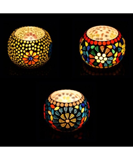 Tealight Stand (Glass) Mosaic Work Glass From iHandikart Handicrafts (Set of 3) Mosaic Finish, IHK-9030 | Save 33% - Rajasthan Living