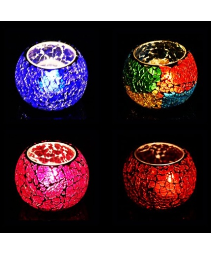 Mosaic Tealight stand of Glass Matericl from iHandikart Handicraft (Pack of 4) Crackle Finish (IHK9037) Multicolour,Pink,Red,Blue? | Save 33% - Rajasthan Living