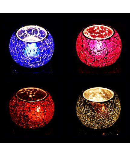 Mosaic Tealight stand of Glass Matericl from iHandikart Handicraft (Pack of 4) Crackle Finish (IHK9041) Pink,Red,Blue,Dark Gray? | Save 33% - Rajasthan Living