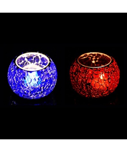 Mosaic Tealight stand of Glass Matericl from iHandikart Handicraft (Pack of 2) Crackle Finish (IHK9043) Red,Blue? | Save 33% - Rajasthan Living