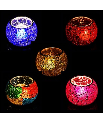 Mosaic Tealight stand of Glass Matericl from iHandikart Handicraft (Pack of 5) Crackle Finish (IHK9045) Multicolour,Red Yellow ,Pink,Blue? | Save 33% - Rajasthan Living