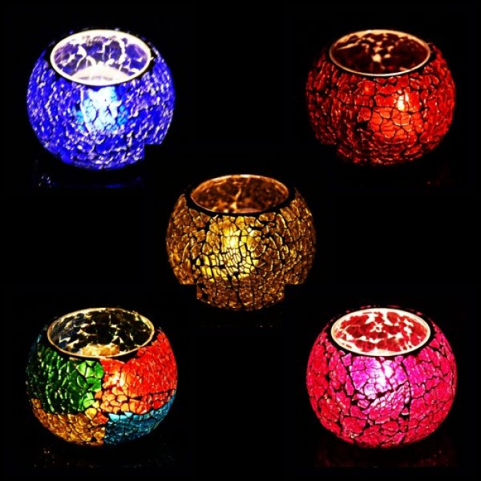 Mosaic Tealight stand of Glass Matericl from iHandikart Handicraft (Pack of 5) Crackle Finish (IHK9045) Multicolour,Red Yellow ,Pink,Blue? | Save 33% - Rajasthan Living 5