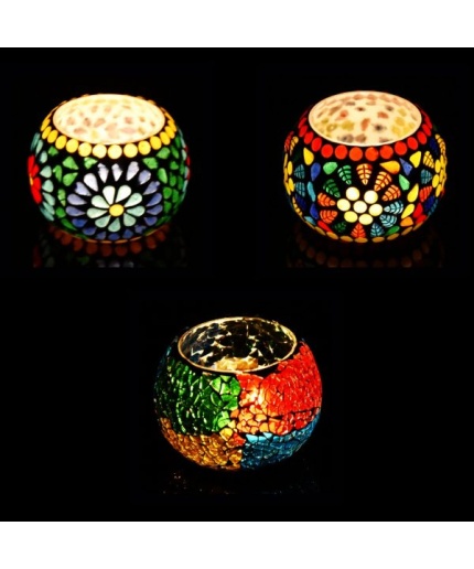 Mosaic Tealight stand of Glass Matericl from iHandikart Handicraft (Pack of 3) Mosaic Finish,Crackle Finish (IHK9047) Multicolour? | Save 33% - Rajasthan Living