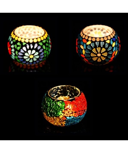 Tealight Stand (Glass) Mosaic Work Glass From iHandikart Handicrafts (Set of 3) Mosaic Finish, IHK-9048 | Save 33% - Rajasthan Living
