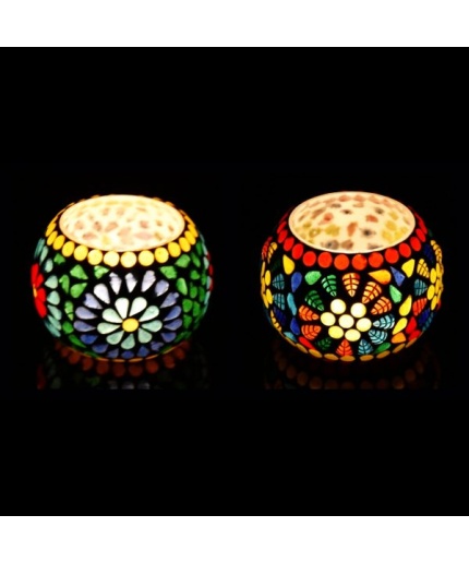 Mosaic Tealight stand of Glass Matericl from iHandikart Handicraft (Pack of 2) Mosaic Finish (IHK9049) Multicolour? | Save 33% - Rajasthan Living
