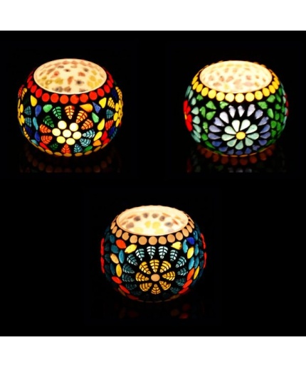 Tealight Stand (Glass) Mosaic Work Glass From iHandikart Handicrafts (Set of 3) Mosaic Finish, IHK-9050 | Save 33% - Rajasthan Living