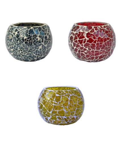 Mosaic Tealight stand of Glass Matericl from iHandikart Handicraft (Pack of 3) Crackle Finish (IHK9055) Redd ,Yellow Dark Gray? | Save 33% - Rajasthan Living 3