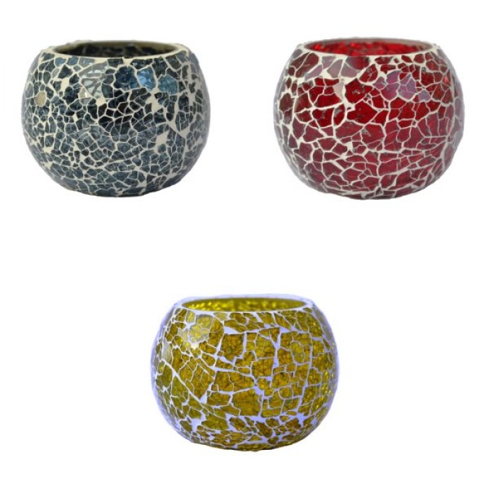 Mosaic Tealight stand of Glass Matericl from iHandikart Handicraft (Pack of 3) Crackle Finish (IHK9055) Redd ,Yellow Dark Gray? | Save 33% - Rajasthan Living 7