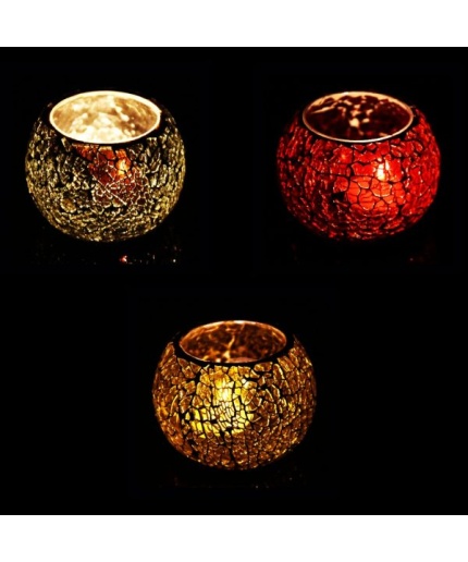Mosaic Tealight stand of Glass Matericl from iHandikart Handicraft (Pack of 3) Crackle Finish (IHK9055) Redd ,Yellow Dark Gray? | Save 33% - Rajasthan Living