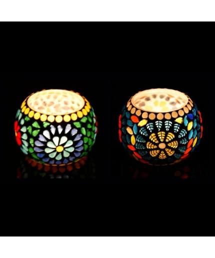 Tealight Stand (Glass) Mosaic Work Glass From iHandikart Handicrafts (Set of 2) Mosaic Finish, IHK-9056 | Save 33% - Rajasthan Living