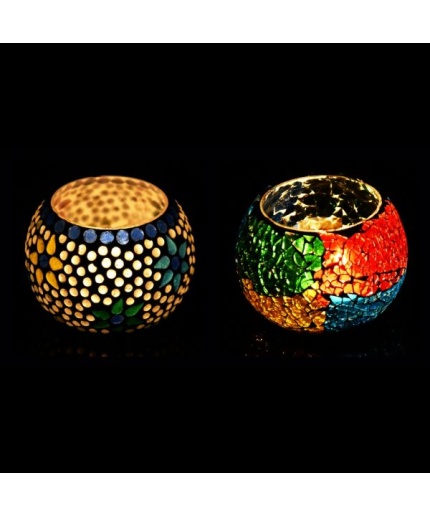 Tealight Holder of Glass with Mosaic Work iHandikart Handicraft (Set of 2)Mosaic Finish (IHK-9070) | Save 33% - Rajasthan Living