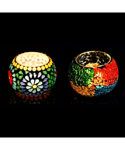 Tealight Holder of Glass with Mosaic Work iHandikart Handicraft (Set of 2)Mosaic Finish (IHK-9072) | Save 33% - Rajasthan Living