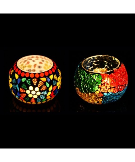 Tealight Holder of Glass with Mosaic Work iHandikart Handicraft (Set of 2)Mosaic Finish (IHK-9075) | Save 33% - Rajasthan Living