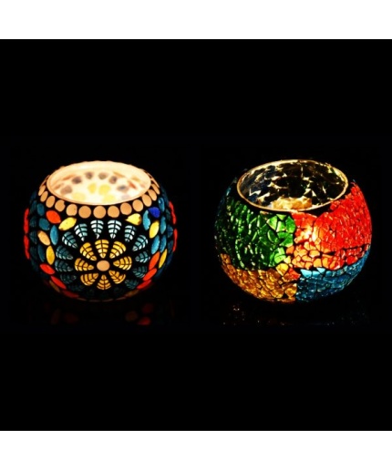 Tealight Holder of Glass with Mosaic Work iHandikart Handicraft (Set of 2)Mosaic Finish (IHK-9076) | Save 33% - Rajasthan Living