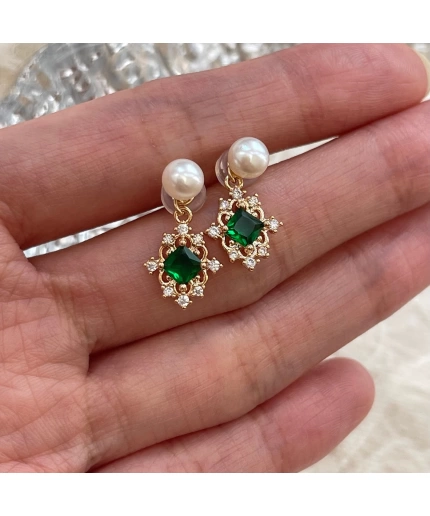 Natural Pearl Emerald Green Earrings, 14K Gold Emerald Earrings, Emerald Dangle Drop Earrings, 2 Way DIY Earrings, Handmade Delicate Gift | Save 33% - Rajasthan Living
