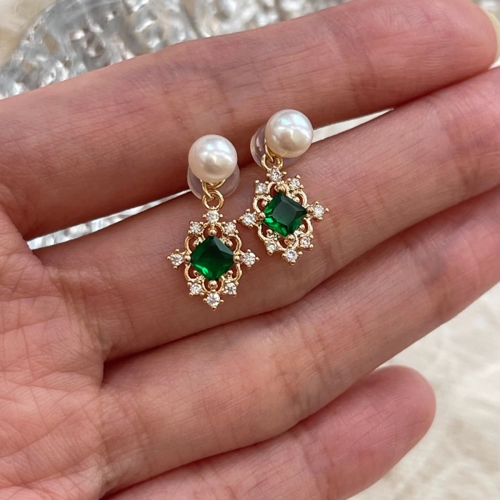Natural Pearl Emerald Green Earrings, 14K Gold Emerald Earrings, Emerald Dangle Drop Earrings, 2 Way DIY Earrings, Handmade Delicate Gift | Save 33% - Rajasthan Living 5