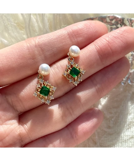 Natural Pearl Emerald Green Earrings, 14K Gold Emerald Earrings, Emerald Dangle Drop Earrings, 2 Way DIY Earrings, Handmade Delicate Gift | Save 33% - Rajasthan Living 3